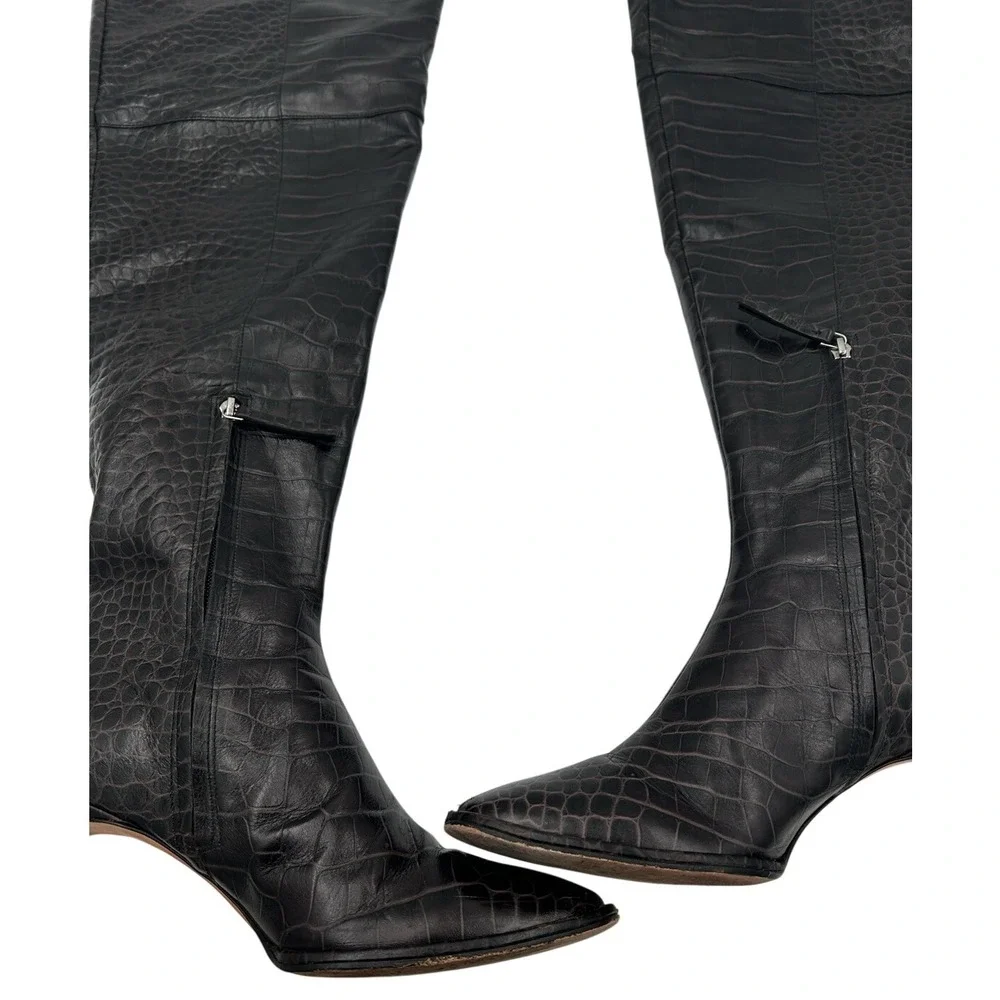 Reformation Croc Embossed Leather Thigh High Boots Wmns 9.5 Brwn Brazil RARE HTF